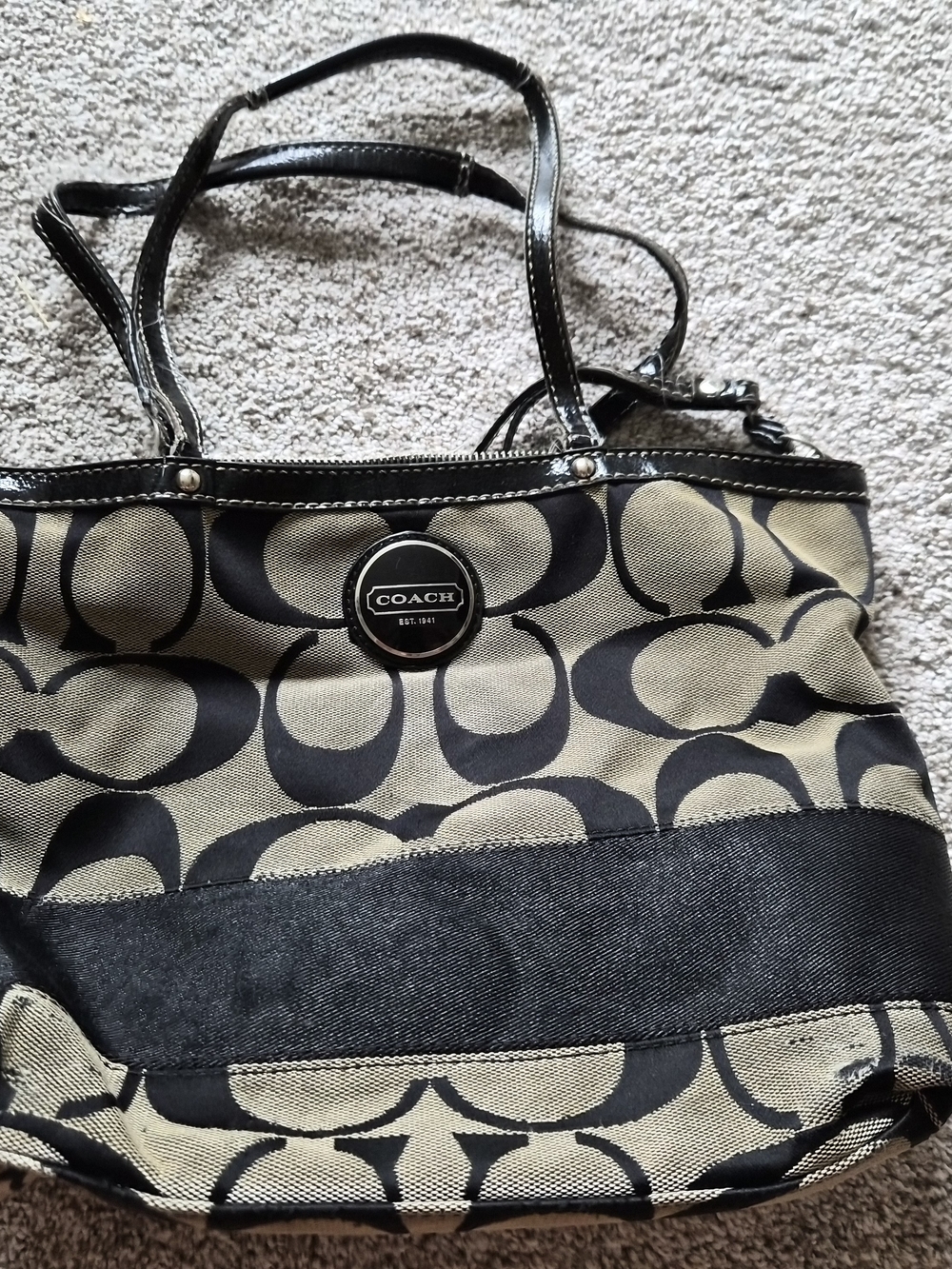 Coach Khaki and Black Signature Canvas Shoulder Tote